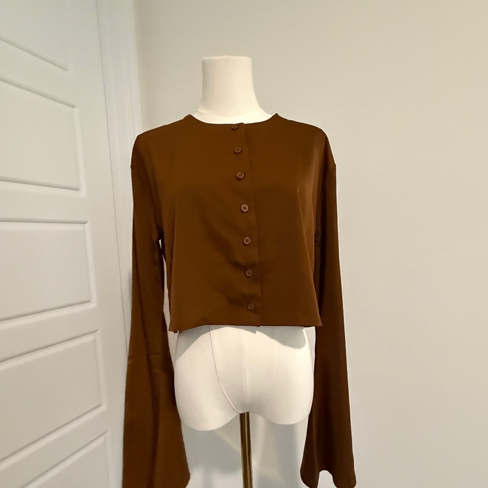 Bell Sleeve Woven Top Button Down Short Silk  Lightweight Contemporary